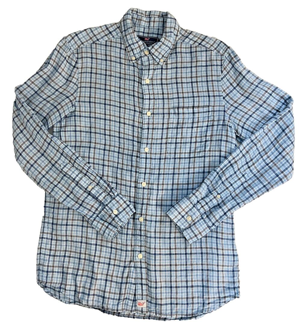 Vineyard Vines Shirt Mens Small Blue Plaid Long Sleeve Button Down 100% Linen
